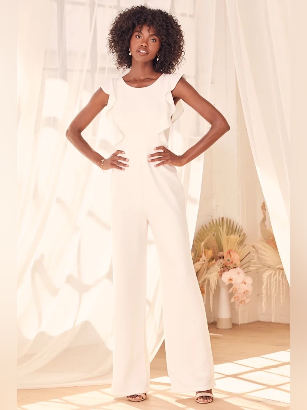 New Lulu's White Ruffle-Sleeve Wide-Leg Jumpsuit Medium